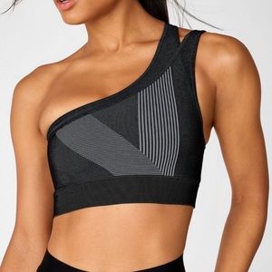 Fabletics Indy Seamless One Shoulder Sports Bra Black and Gray L